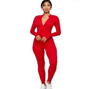 FULL BASIC SEAMLESS JUMPSUIT WITH HALF CENTER ZIP